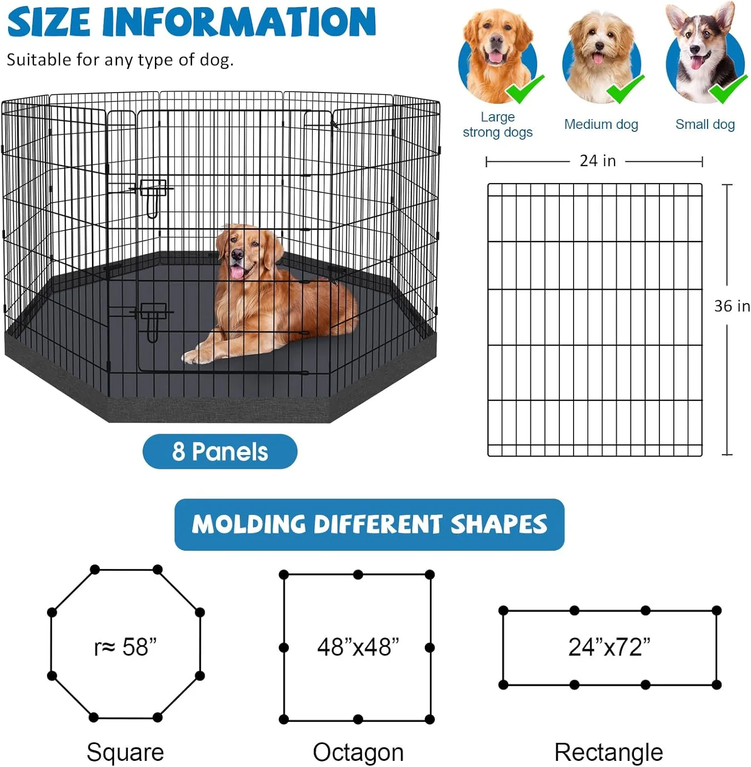 Peekaboo Dog Pen Pet Playpen Dog Fence Indoor Foldable Metal Wire Exercise Puppy Play Yard Pet Enclosure Indoor Outdoor 8 Panels 36 Inch with Bottom Pad/Top Cover(Black 36 Bottom Cover)