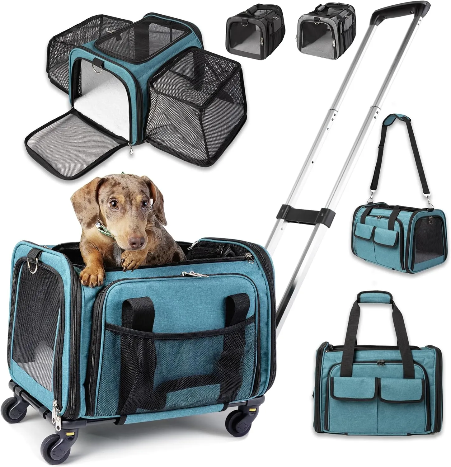 Pet Carrier with Wheels - United Delta American Frontier Airline Approved - Two Expandable Sides, Multiple Storage Pockets Adjustable Leash - Rolling Dog and Cat Carrier TSA Compliant (Blue)