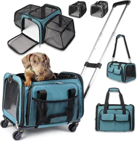 Pet Carrier with Wheels - United Delta American Frontier Airline Approved - Two Expandable Sides, Multiple Storage Pockets Adjustable Leash - Rolling Dog and Cat Carrier TSA Compliant (Blue)