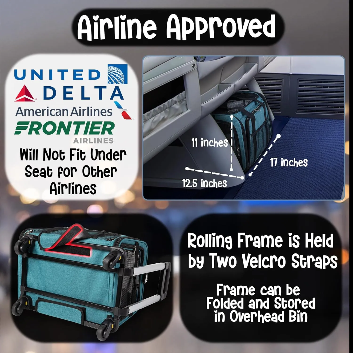 Pet Carrier with Wheels - United Delta American Frontier Airline Approved - Two Expandable Sides, Multiple Storage Pockets Adjustable Leash - Rolling Dog and Cat Carrier TSA Compliant (Blue)