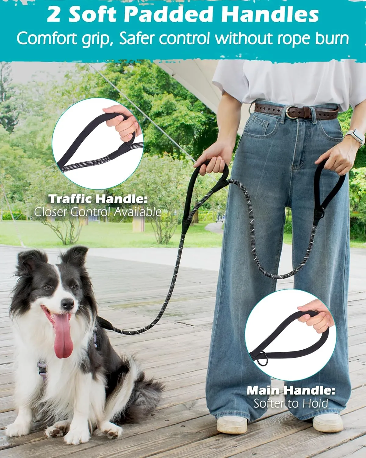PetBonus Double Handle Rope Dog Leash, 5FT/6FT Heavy Duty Training Lead with Lockable Hook and 2 Comfortable Padded Handles, Reflective Walking Nylon Leash for Small Medium Dogs (1/2" x 5 FT, Black)