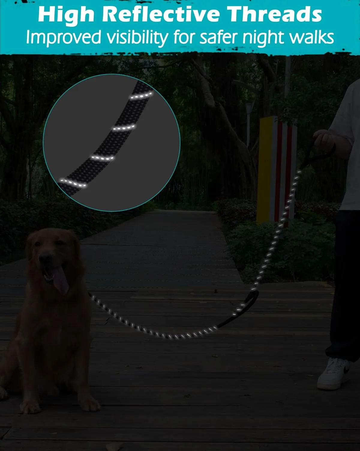 PetBonus Double Handle Rope Dog Leash, 5FT/6FT Heavy Duty Training Lead with Lockable Hook and 2 Comfortable Padded Handles, Reflective Walking Nylon Leash for Small Medium Dogs (1/2" x 5 FT, Black)