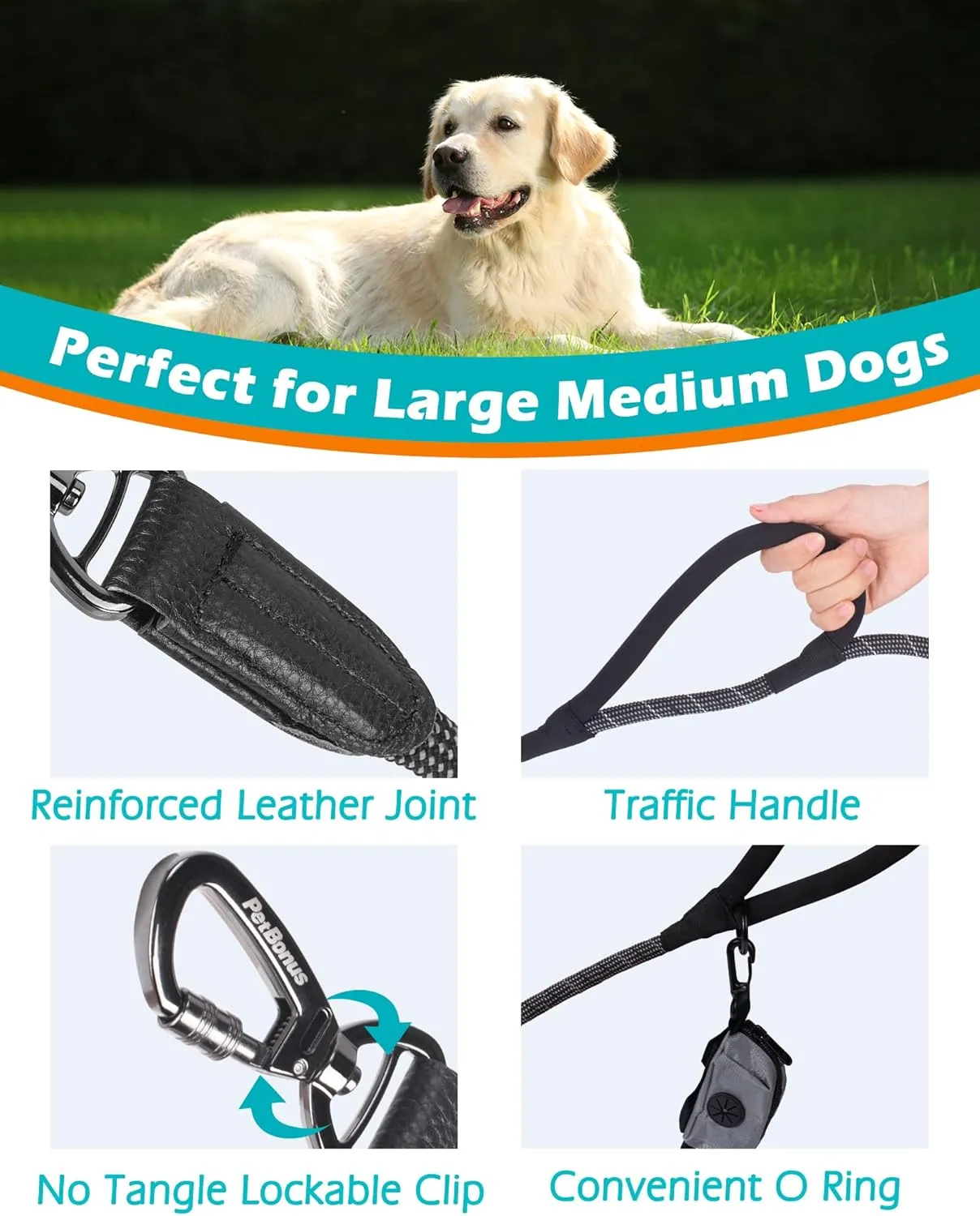 PetBonus Double Handle Rope Dog Leash, 5FT/6FT Heavy Duty Training Lead with Lockable Hook and 2 Comfortable Padded Handles, Reflective Walking Nylon Leash for Small Medium Dogs (1/2" x 5 FT, Black)