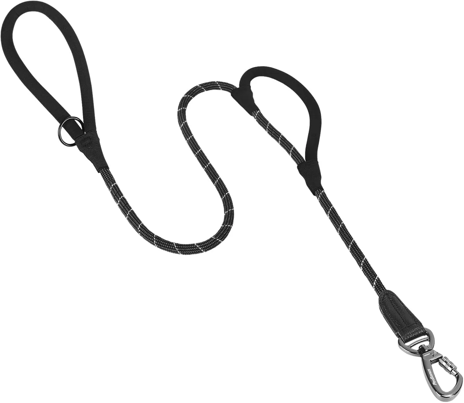PetBonus Double Handle Rope Dog Leash, 5FT/6FT Heavy Duty Training Lead with Lockable Hook and 2 Comfortable Padded Handles, Reflective Walking Nylon Leash for Small Medium Dogs (1/2" x 5 FT, Black)