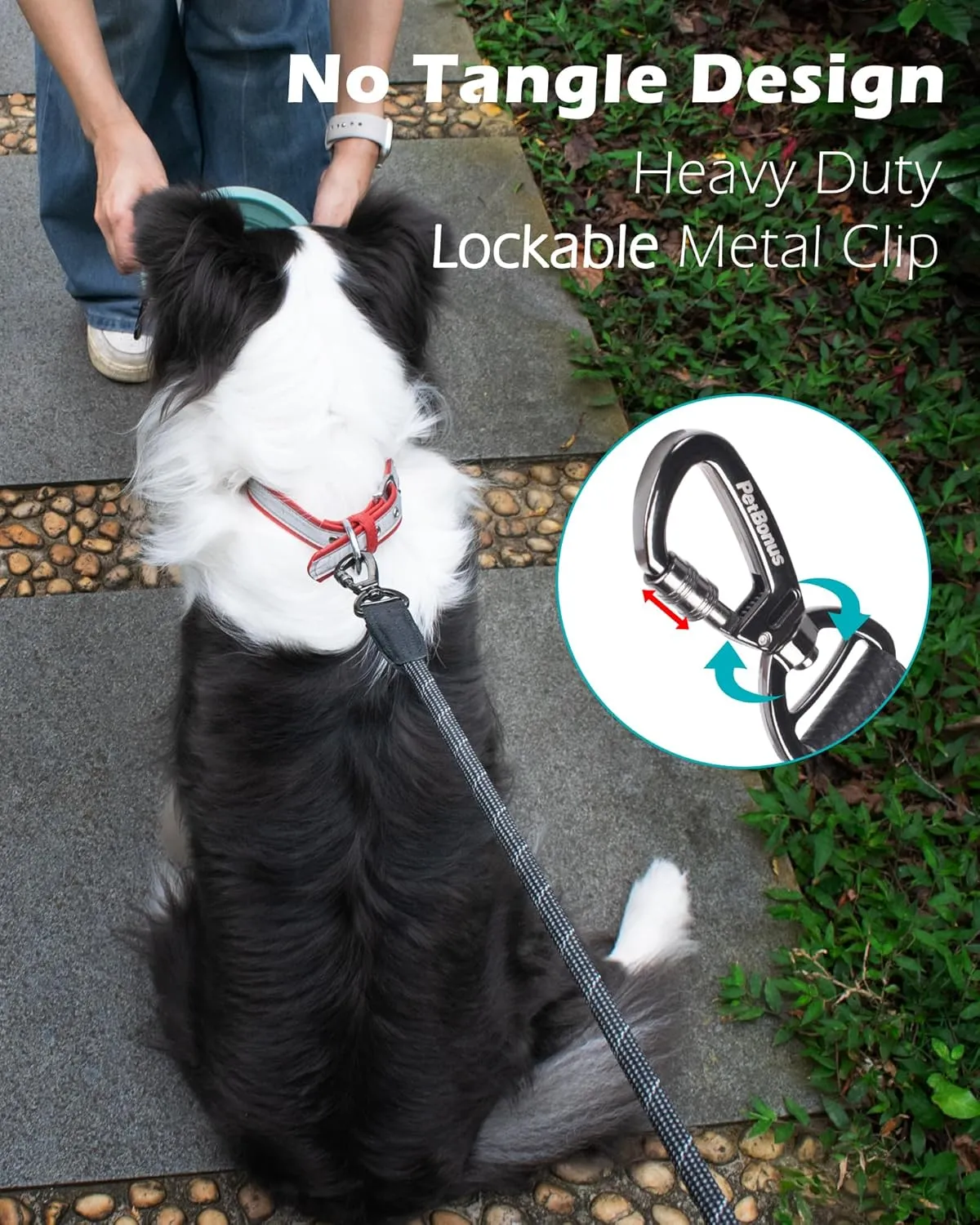 PetBonus Double Handle Rope Dog Leash, 5FT/6FT Heavy Duty Training Lead with Lockable Hook and 2 Comfortable Padded Handles, Reflective Walking Nylon Leash for Small Medium Dogs (1/2" x 5 FT, Black)