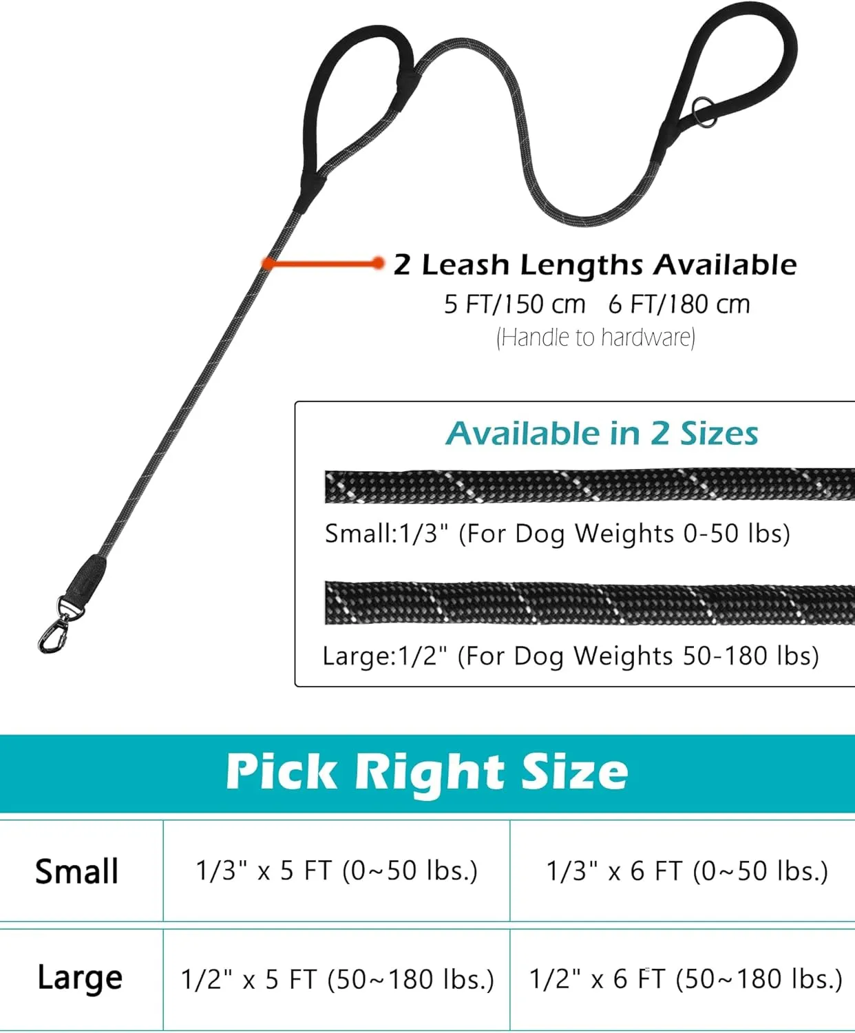 PetBonus Double Handle Rope Dog Leash, 5FT/6FT Heavy Duty Training Lead with Lockable Hook and 2 Comfortable Padded Handles, Reflective Walking Nylon Leash for Small Medium Dogs (1/2" x 5 FT, Black)