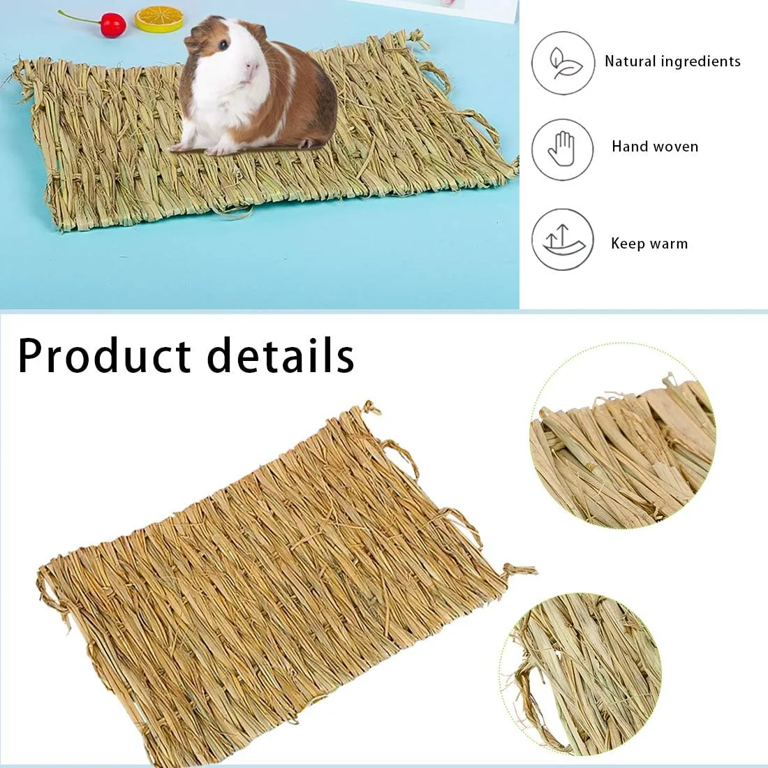 PINVNBY 6 Pack Rabbit Grass Mat,Bunny Natural Straw Woven Bed,Small Animal Cages Hay Nest Sleeping,Chewing,Nesting and Toys for Rabbits Guinea Pig Hamster Hedgehog and Squirrel Bed Mat