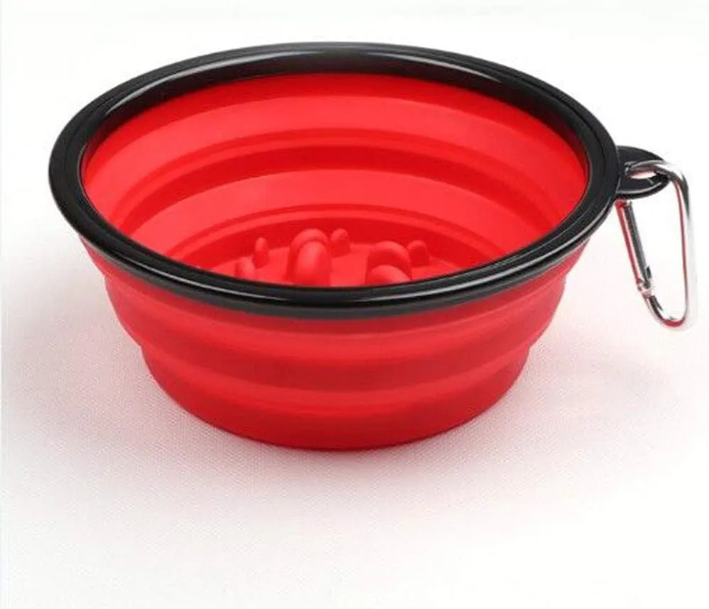 Portable Travel Pet Bowl Slow Feeder, Collapsible Dog Bowl, Foldable Expandable Cup Dish for Pet Cat Food Water Feeding (Red)