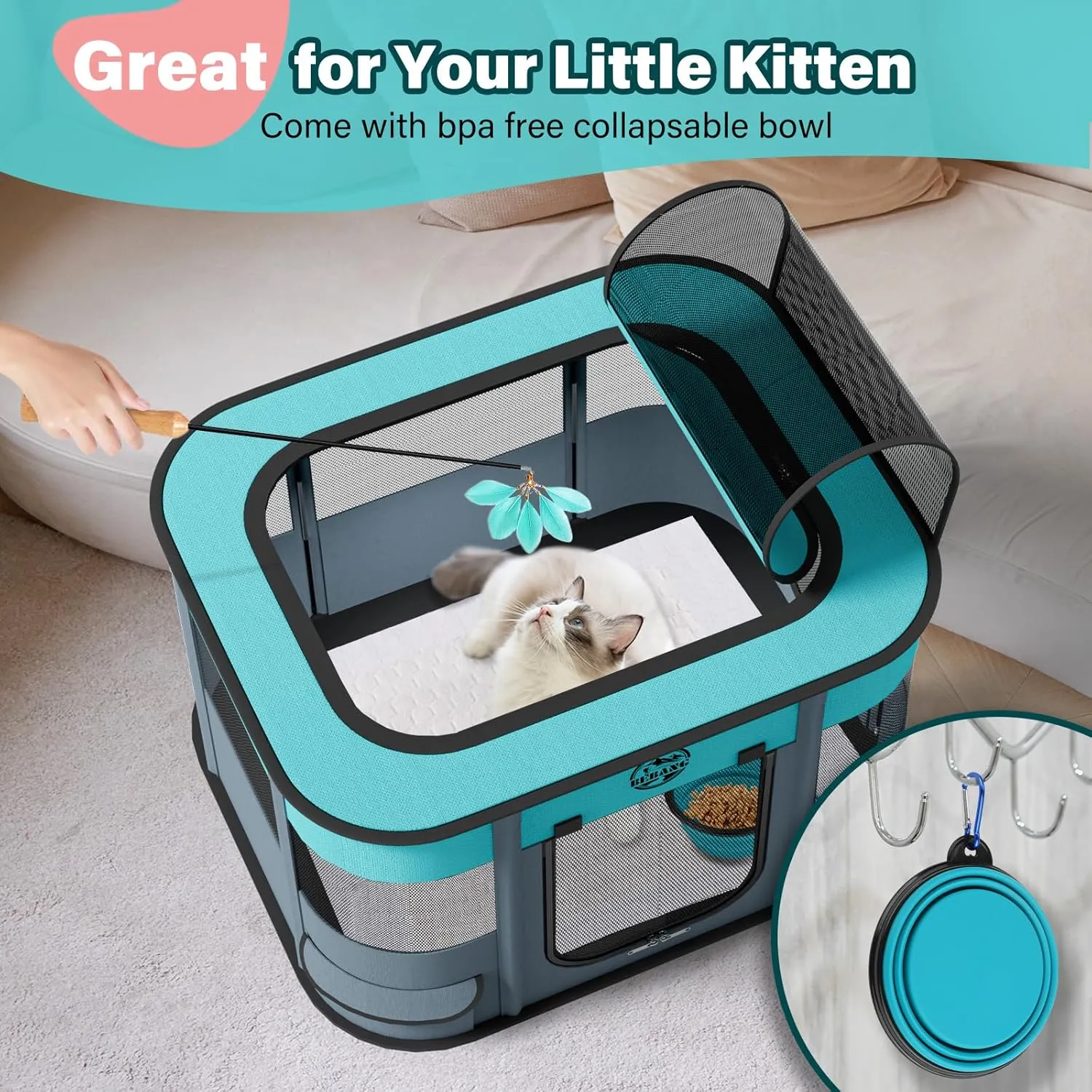 Puppy Playpen Cat Dog Crate: Play Pen Indoors Pet Playpens Portable Foldable Cage Kennel House for Small Kitten Rabbit Guinea Pig Hamster with Food Bowl (Grey, S, 1)