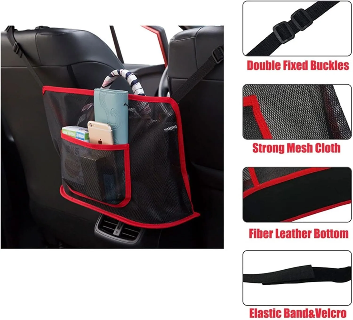 Purse Holder for Car - Net Pocket Organizer for Handbag Storage Between Seats - Dog Car Barrier - Car Accessories for Women and Men (Red)