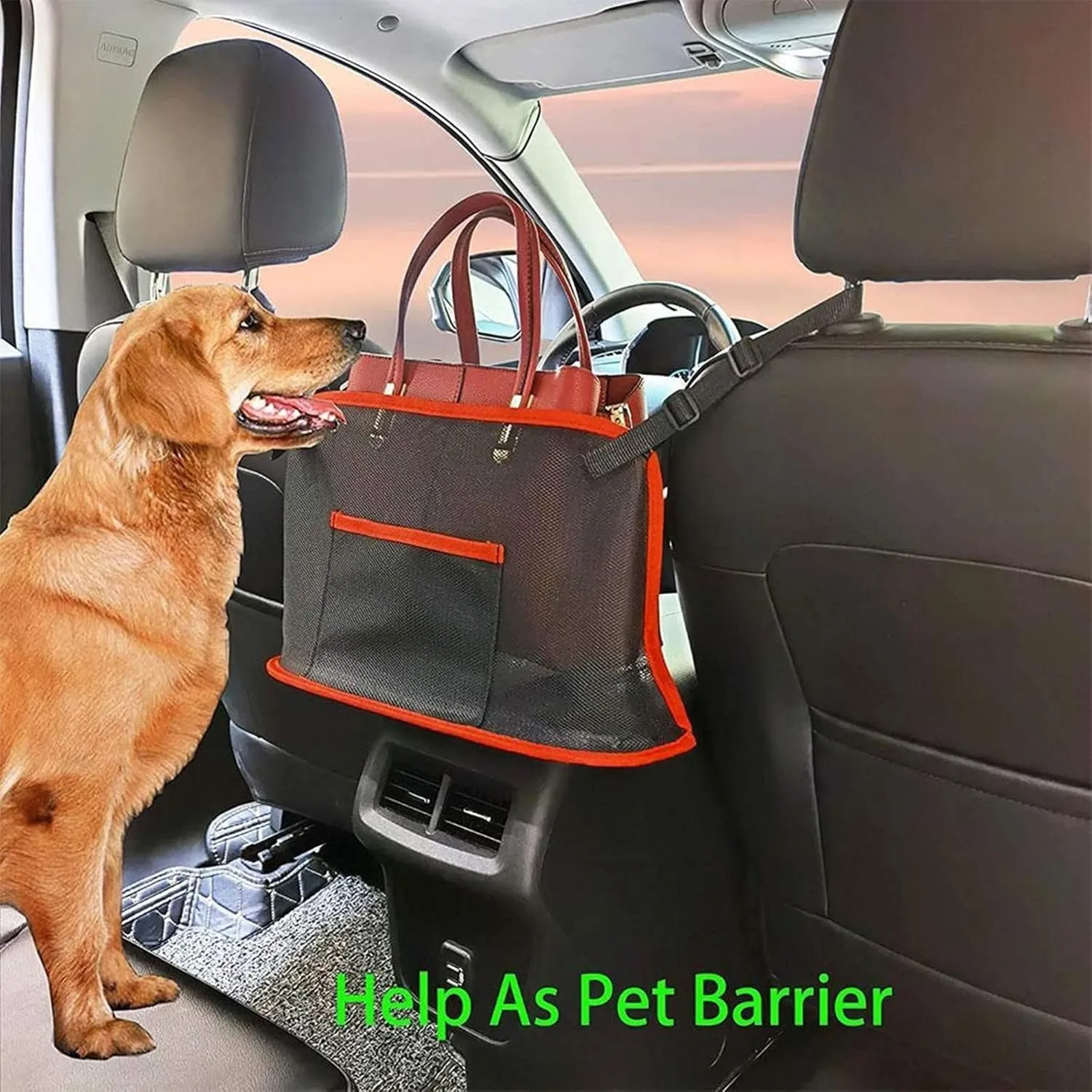 Purse Holder for Car - Net Pocket Organizer for Handbag Storage Between Seats - Dog Car Barrier - Car Accessories for Women and Men (Red)