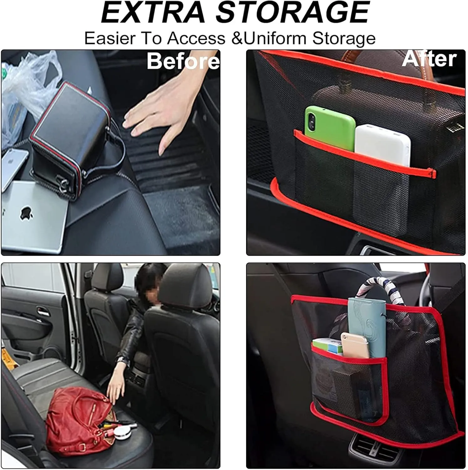 Purse Holder for Car - Net Pocket Organizer for Handbag Storage Between Seats - Dog Car Barrier - Car Accessories for Women and Men (Red)