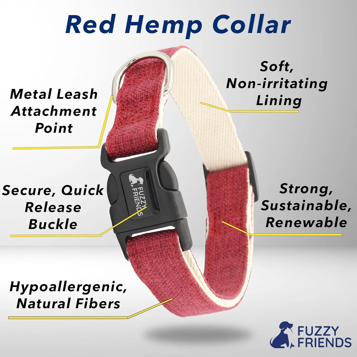 Red Hemp Dog Collar - Hypoallergenic Dog Collar - Comfortable for Sensitive Skin or Allergies with no Harsh Dyes or Chemicals - 5 Sizes from X-Small to x-Large Breeds