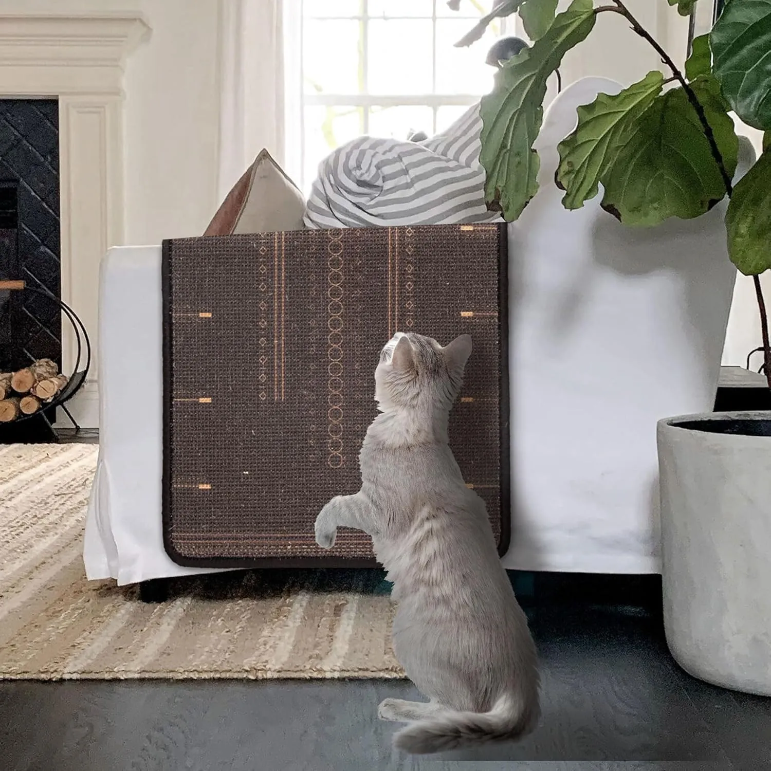 SCRATCHABLE Sisal Cat Scratcher, [  Catnip Fish Toy] Cat Wall Scratcher, Couch Protector from Cat Scratching, 24 X 15.8 with 12 Adhesive Velcro Stripes. (Black Patterns)
