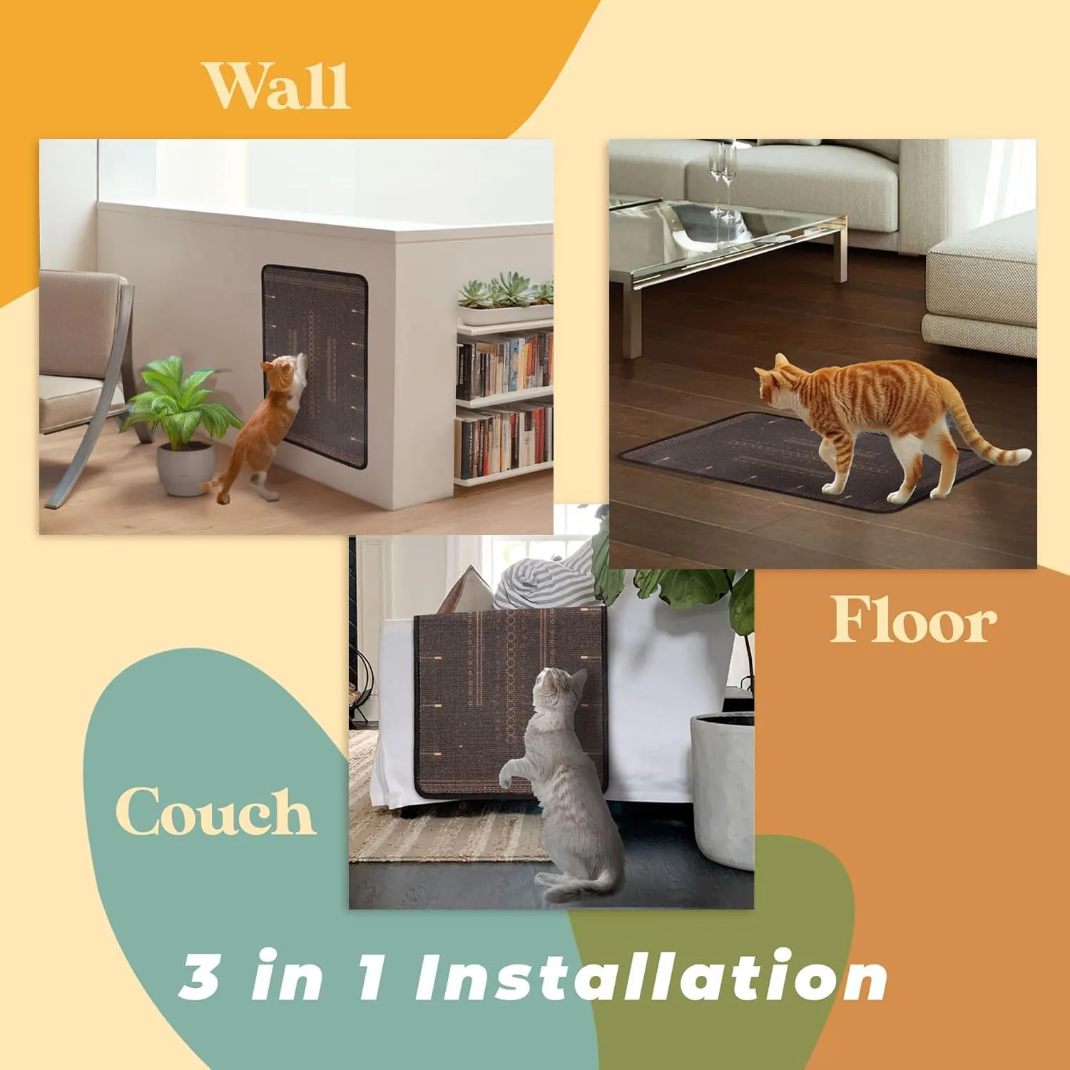 SCRATCHABLE Sisal Cat Scratcher, [  Catnip Fish Toy] Cat Wall Scratcher, Couch Protector from Cat Scratching, 24 X 15.8 with 12 Adhesive Velcro Stripes. (Black Patterns)