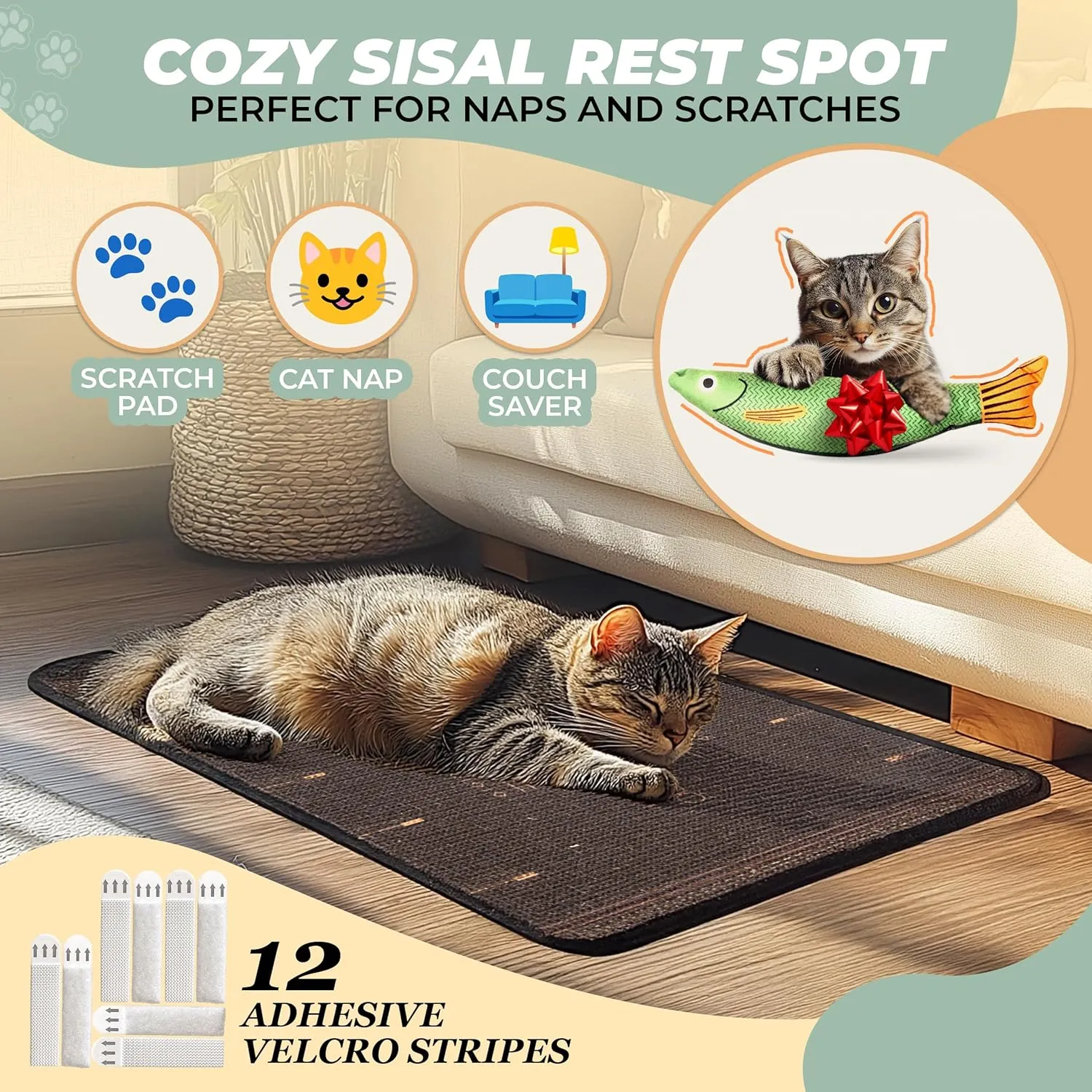 SCRATCHABLE Sisal Cat Scratcher, [  Catnip Fish Toy] Cat Wall Scratcher, Couch Protector from Cat Scratching, 24 X 15.8 with 12 Adhesive Velcro Stripes. (Black Patterns)