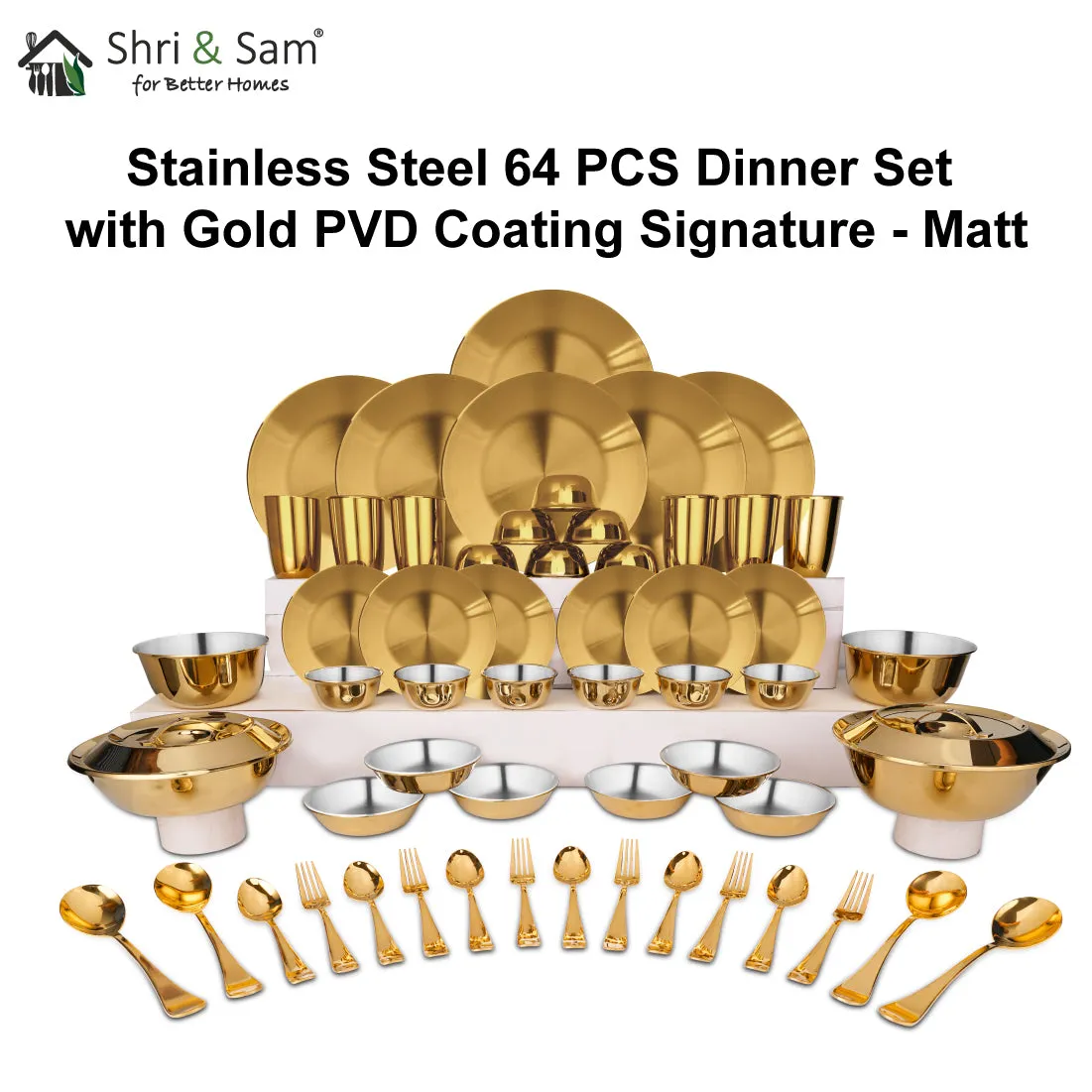 Stainless Steel 64 PCS Dinner Set (6 People) with Gold PVD Coating Signature - Matt