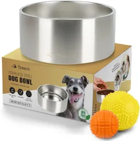Stainless Steel Dog Food Bowl with 2 Rubber Balls - Non-Slip Insulated Dog Bowl with 7 Color Options - 100 Oz Durable Dog Water Bowl for Medium, Large and Extra Large Dogs (Stainless)