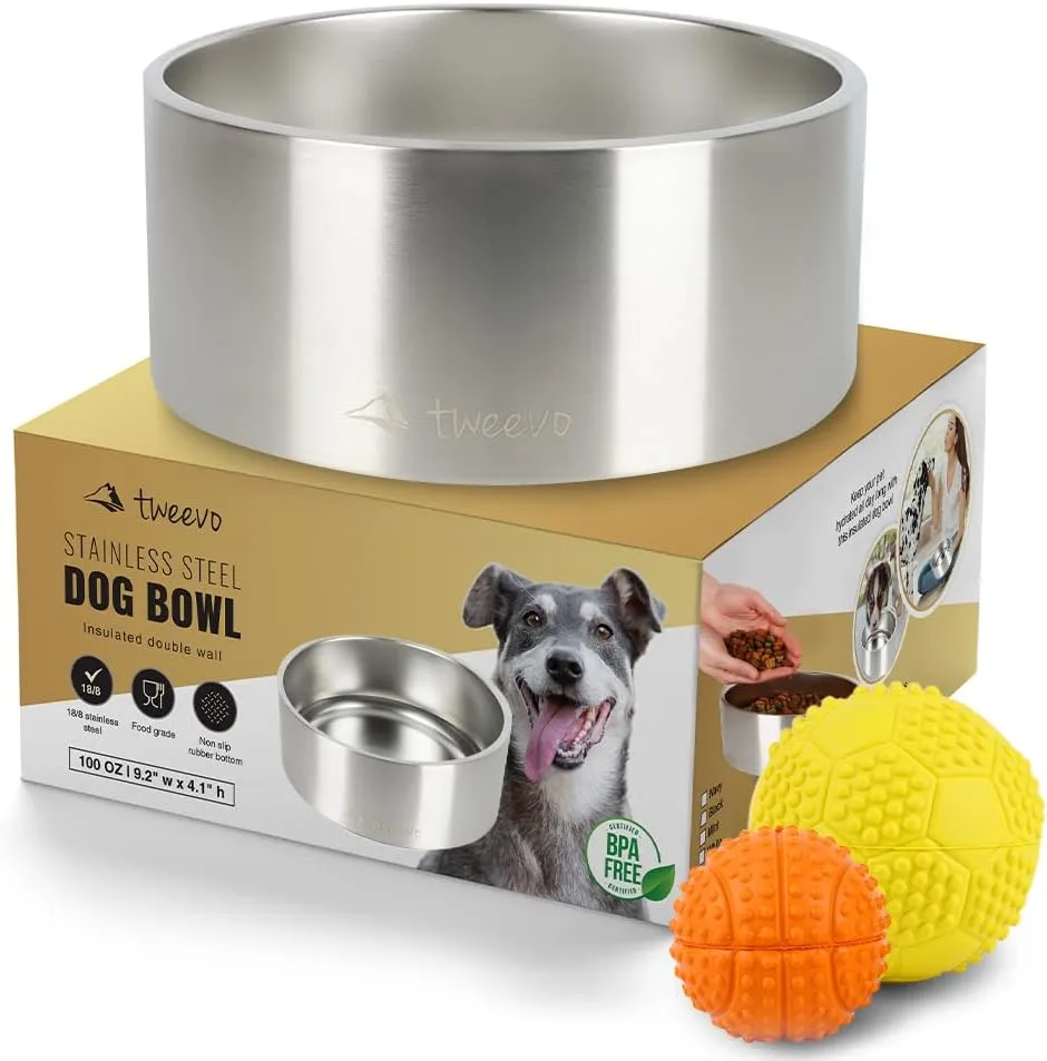 Stainless Steel Dog Food Bowl with 2 Rubber Balls - Non-Slip Insulated Dog Bowl with 7 Color Options - 100 Oz Durable Dog Water Bowl for Medium, Large and Extra Large Dogs (Stainless)