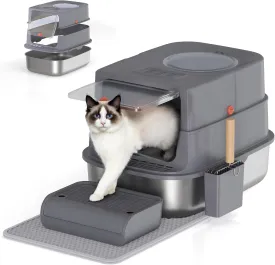 Stainless Steel Litter Box with Lid, Extra Large Enclosed Cat Litter Box for Big Cats, Anti-Leakage Metal Kitty Box with High Sided Enclosure, Scoop, Pedal & Non-Slip Mat, Easy to Clean