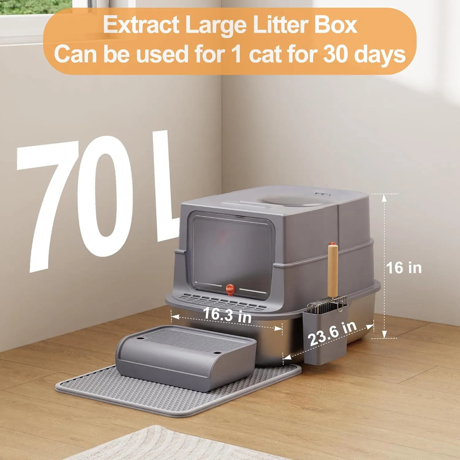 Stainless Steel Litter Box with Lid, Extra Large Enclosed Cat Litter Box for Big Cats, Anti-Leakage Metal Kitty Box with High Sided Enclosure, Scoop, Pedal & Non-Slip Mat, Easy to Clean