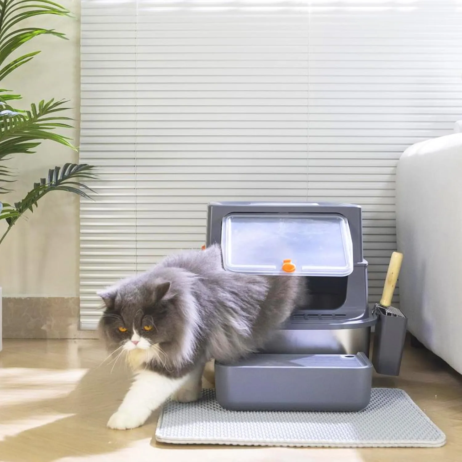Stainless Steel Litter Box with Lid, Extra Large Enclosed Cat Litter Box for Big Cats, Anti-Leakage Metal Kitty Box with High Sided Enclosure, Scoop, Pedal & Non-Slip Mat, Easy to Clean