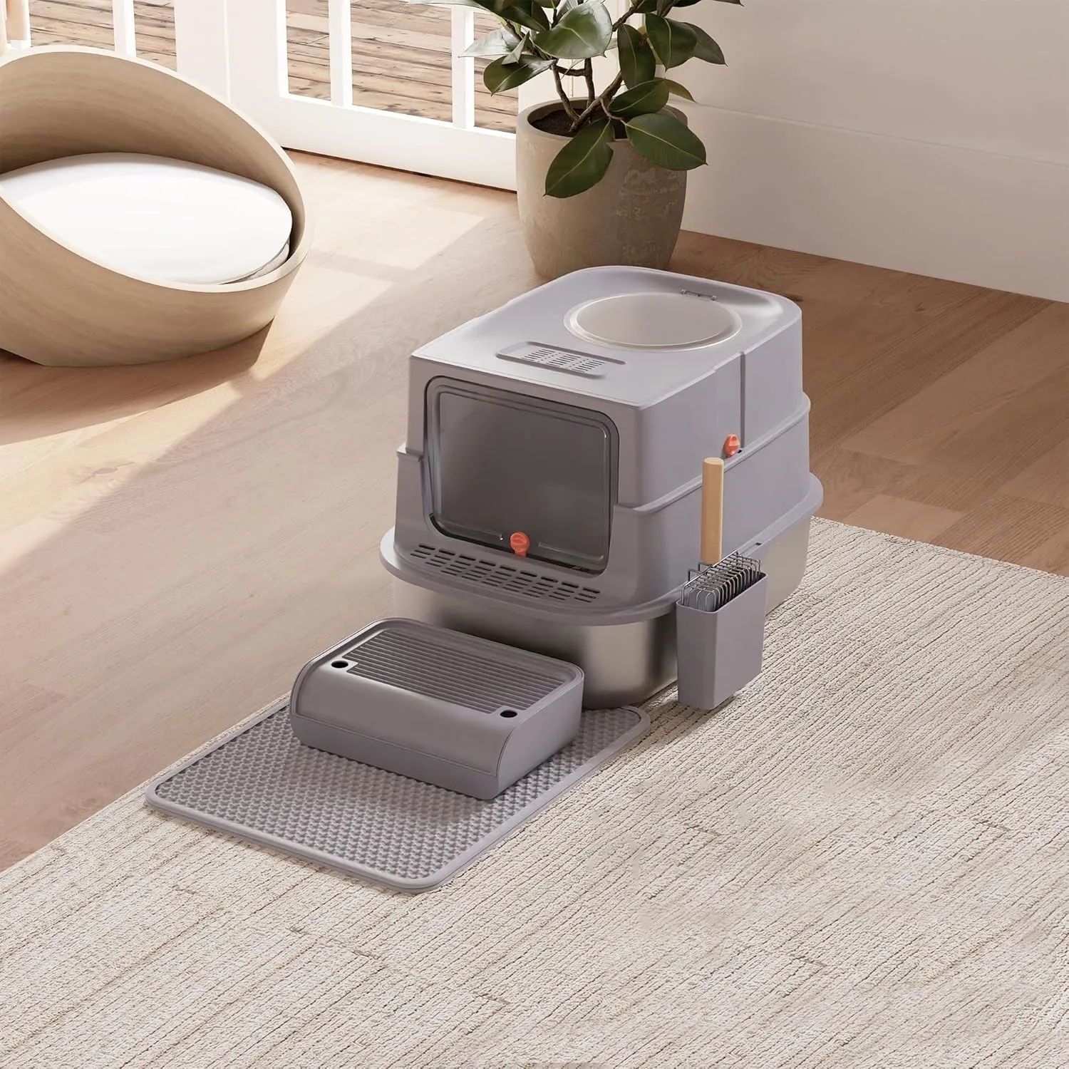 Stainless Steel Litter Box with Lid, Extra Large Enclosed Cat Litter Box for Big Cats, Anti-Leakage Metal Kitty Box with High Sided Enclosure, Scoop, Pedal & Non-Slip Mat, Easy to Clean