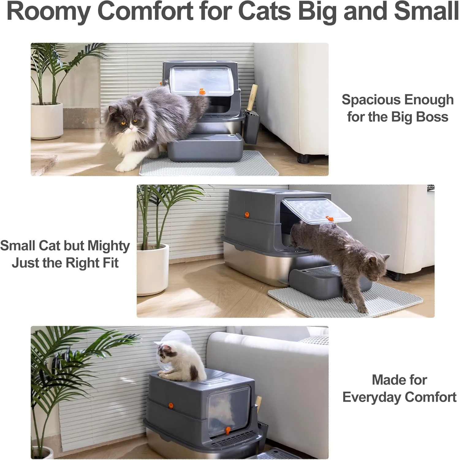 Stainless Steel Litter Box with Lid, Extra Large Enclosed Cat Litter Box for Big Cats, Anti-Leakage Metal Kitty Box with High Sided Enclosure, Scoop, Pedal & Non-Slip Mat, Easy to Clean