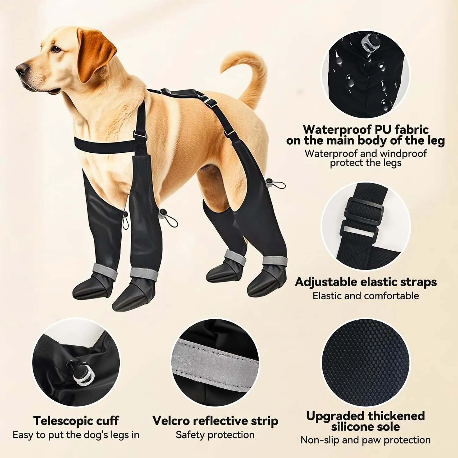 Suspender Boots for Large Dogs, Tall Dog Boots Anti-Slip & Fall Waterproof Dog Shoes Leggings, Adjustable Paws Protector for Large Dogs Winter Snow Rain Hiking (XL)