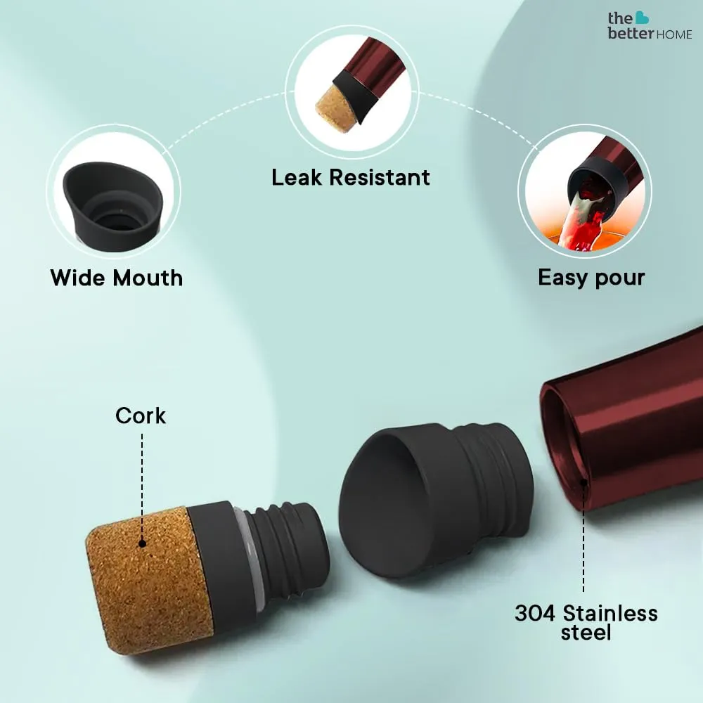 The Better Home Insulated Stainless Steel Water Bottle with Cork Cap | 18 Hours Insulation | Pack of 9-750ml Each | Hot Cold Water for Office School Gym | Leak Proof & BPA Free | Wine Colour