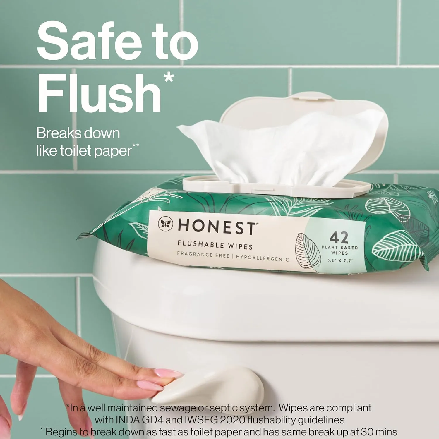 The Honest Company Flushable Wipes for Sensitive Skin | Fragrance Free, Hypoallergenic, 99% Water, Safe to Flush | pH Balanced Feminine Wipes | Tropical Leaves, 336 Count