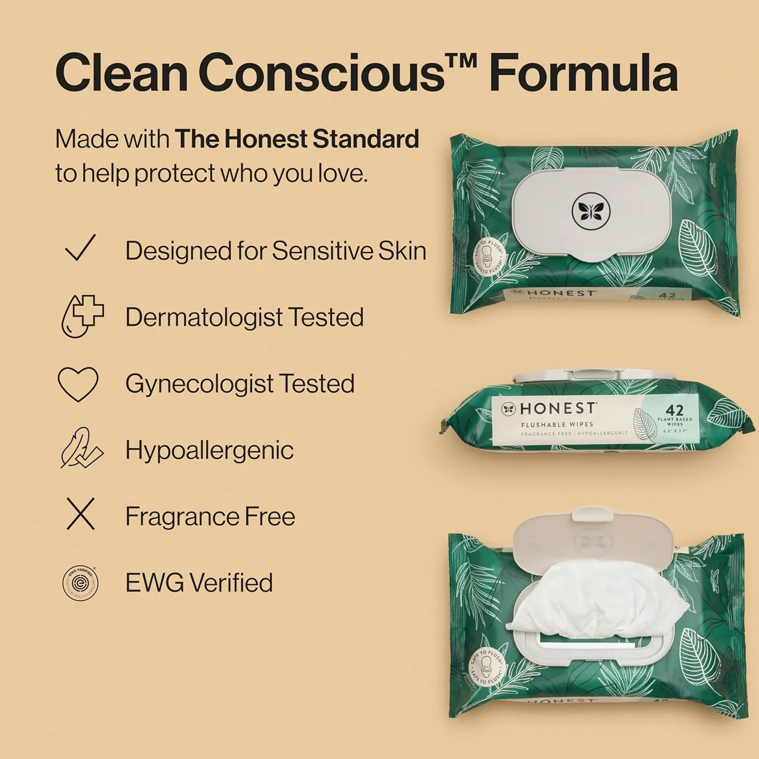 The Honest Company Flushable Wipes for Sensitive Skin | Fragrance Free, Hypoallergenic, 99% Water, Safe to Flush | pH Balanced Feminine Wipes | Tropical Leaves, 336 Count