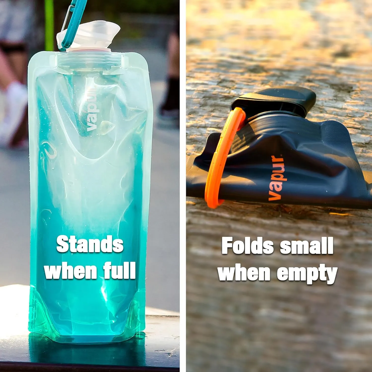 Vapur Collapsible Water Bottle With Carabiner, Compact Bottle Folds Flat For Hydration On The Go, Ideal for Traveling, Hiking or Camping, 16 Ounce, Cyan Blue, Pack of 1