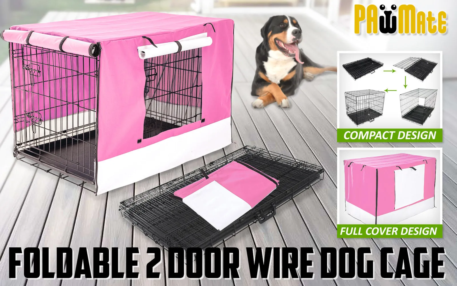 Wire Dog Cage Foldable Crate Kennel 48in with Tray   Pink Cover Combo