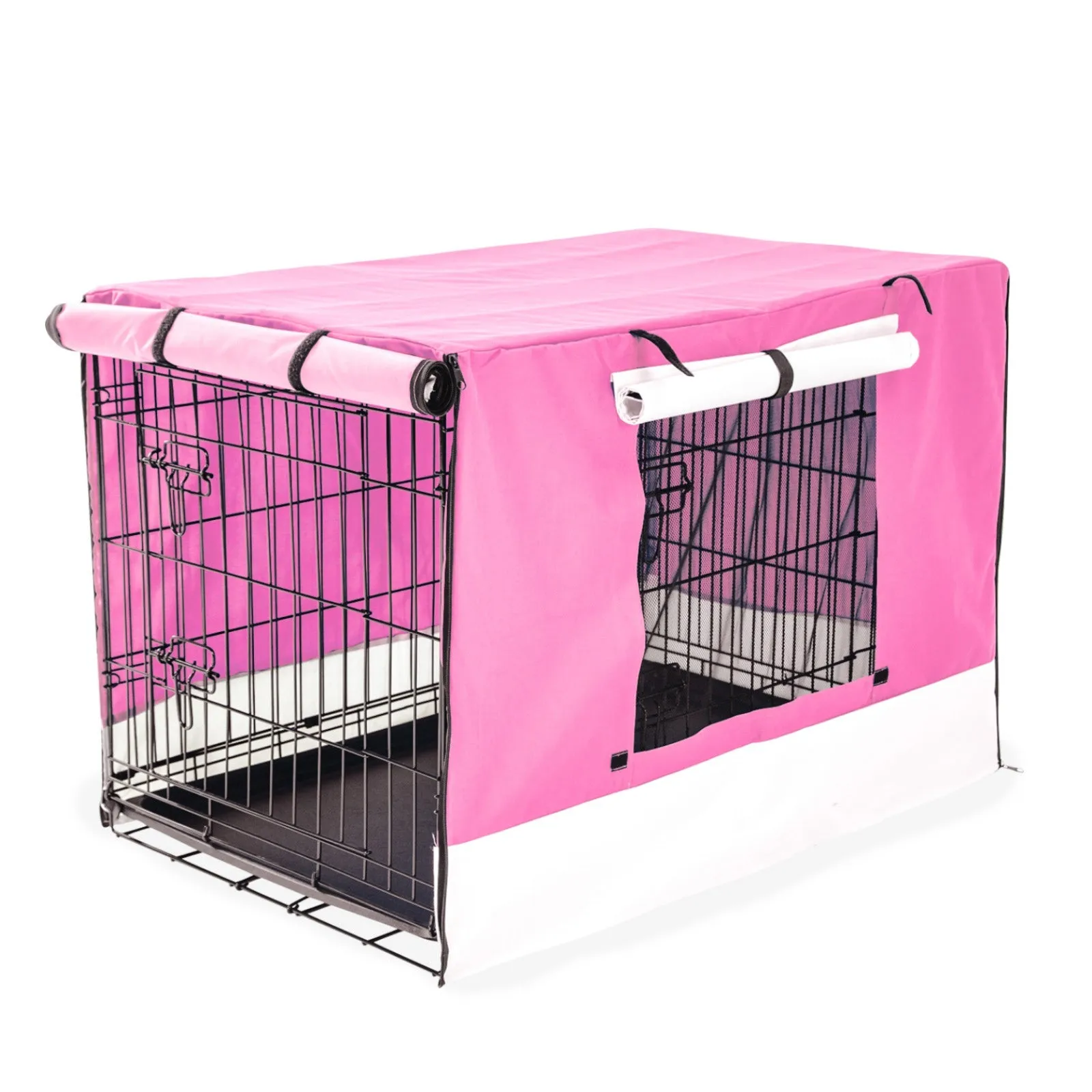 Wire Dog Cage Foldable Crate Kennel 48in with Tray   Pink Cover Combo