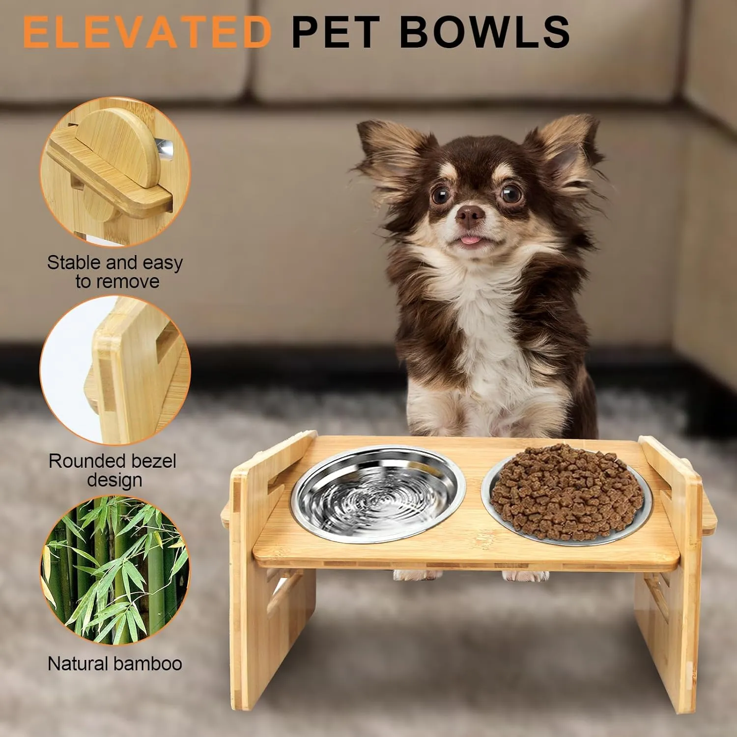 YIFAN Elevated Dog Bowls, Adjustable Raised Dog Food Bowl Stand, 2 Stainless Steel Bowls and Non-Slip Feet, Sturdy Bamboo Feeder for Small Dogs and Cats,Natural