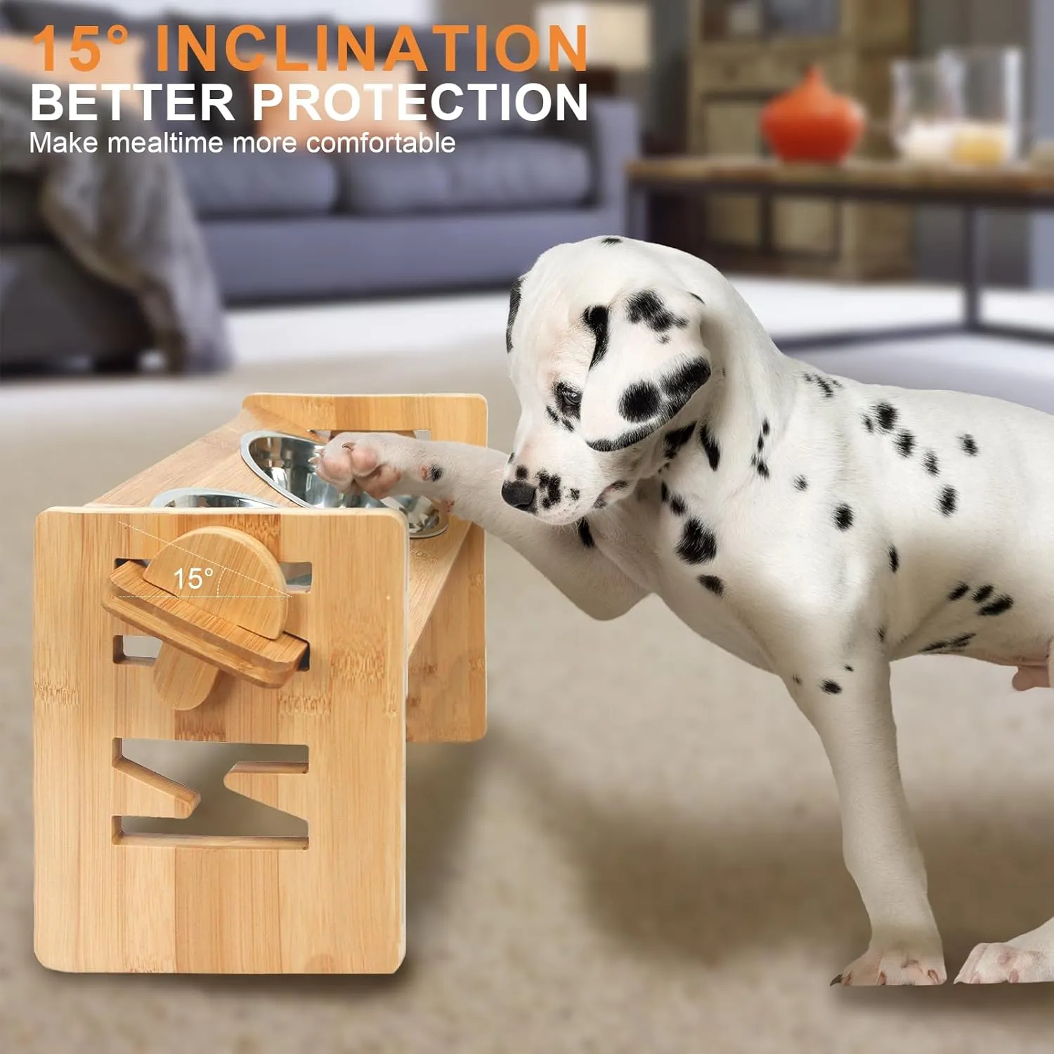 YIFAN Elevated Dog Bowls, Adjustable Raised Dog Food Bowl Stand, 2 Stainless Steel Bowls and Non-Slip Feet, Sturdy Bamboo Feeder for Small Dogs and Cats,Natural