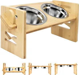 YIFAN Elevated Dog Bowls, Adjustable Raised Dog Food Bowl Stand, 2 Stainless Steel Bowls and Non-Slip Feet, Sturdy Bamboo Feeder for Small Dogs and Cats,Natural