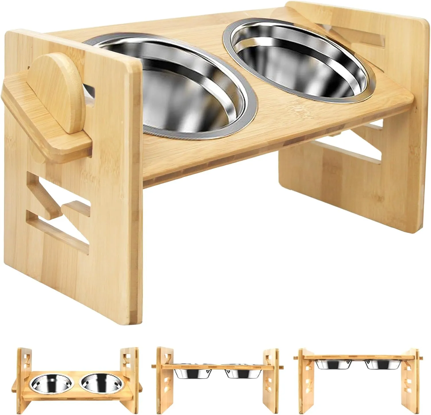 YIFAN Elevated Dog Bowls, Adjustable Raised Dog Food Bowl Stand, 2 Stainless Steel Bowls and Non-Slip Feet, Sturdy Bamboo Feeder for Small Dogs and Cats,Natural