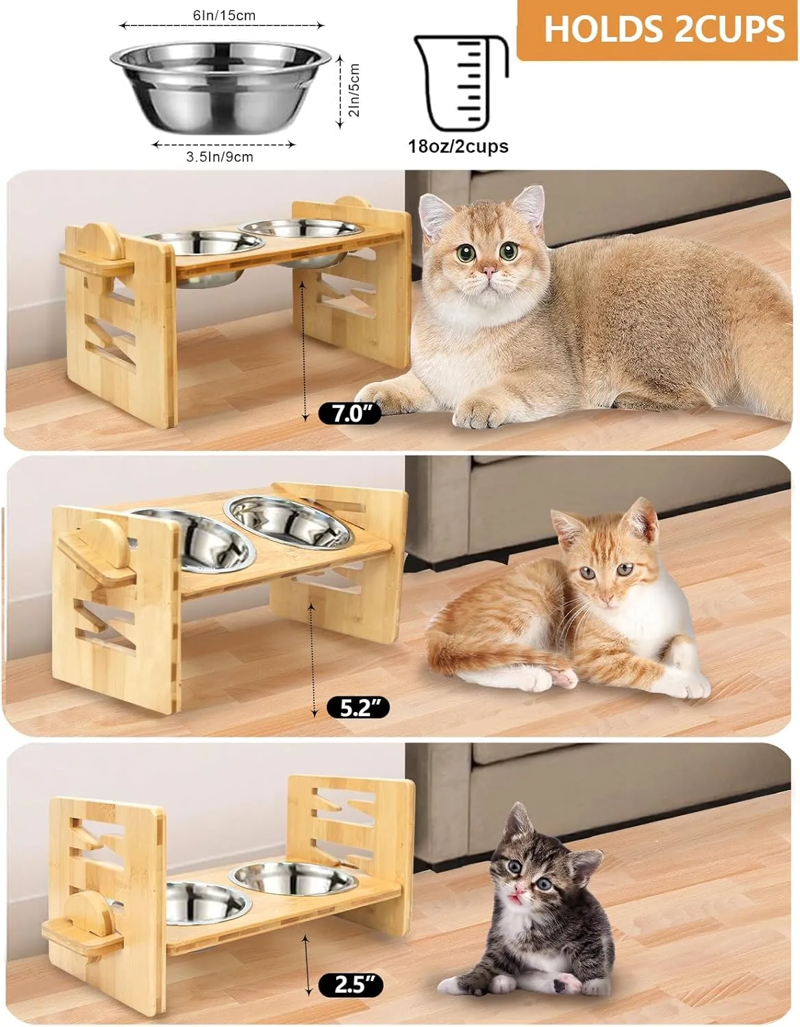 YIFAN Elevated Dog Bowls, Adjustable Raised Dog Food Bowl Stand, 2 Stainless Steel Bowls and Non-Slip Feet, Sturdy Bamboo Feeder for Small Dogs and Cats,Natural