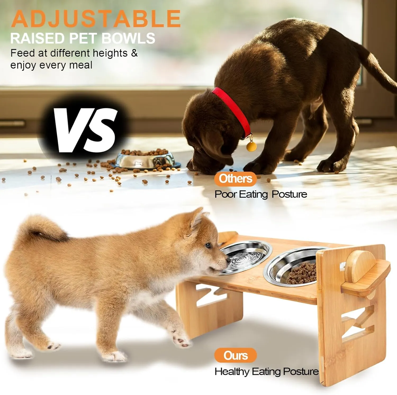 YIFAN Elevated Dog Bowls, Adjustable Raised Dog Food Bowl Stand, 2 Stainless Steel Bowls and Non-Slip Feet, Sturdy Bamboo Feeder for Small Dogs and Cats,Natural