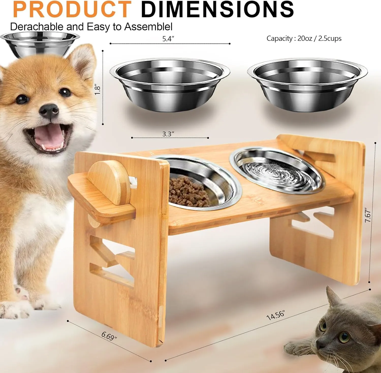 YIFAN Elevated Dog Bowls, Adjustable Raised Dog Food Bowl Stand, 2 Stainless Steel Bowls and Non-Slip Feet, Sturdy Bamboo Feeder for Small Dogs and Cats,Natural