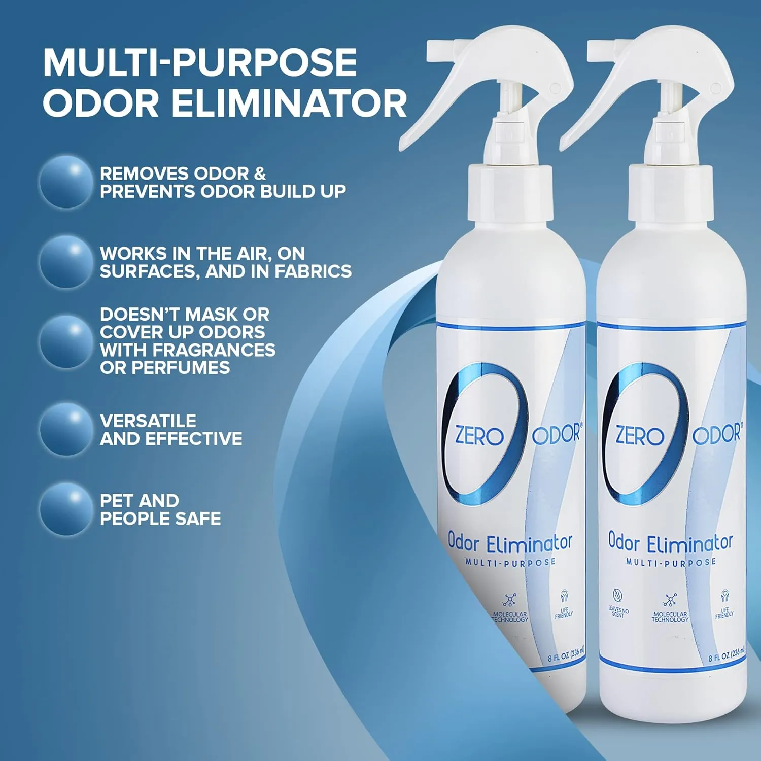 Zero Odor - Multi-Purpose Strong Odor Eliminator for Home, Office, Car, Bathroom, Hotel, Room Deodorizer, and Odor Neutralizer, 8oz Two Pack