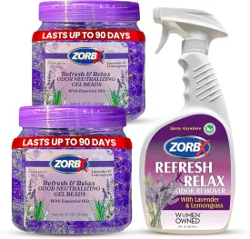 ZORBX Lavender & Lemongrass 24 OZ Odor Eliminator Spray and 8 OZ (2-Pack) Odor Neutralizing Gel Beads Bundle