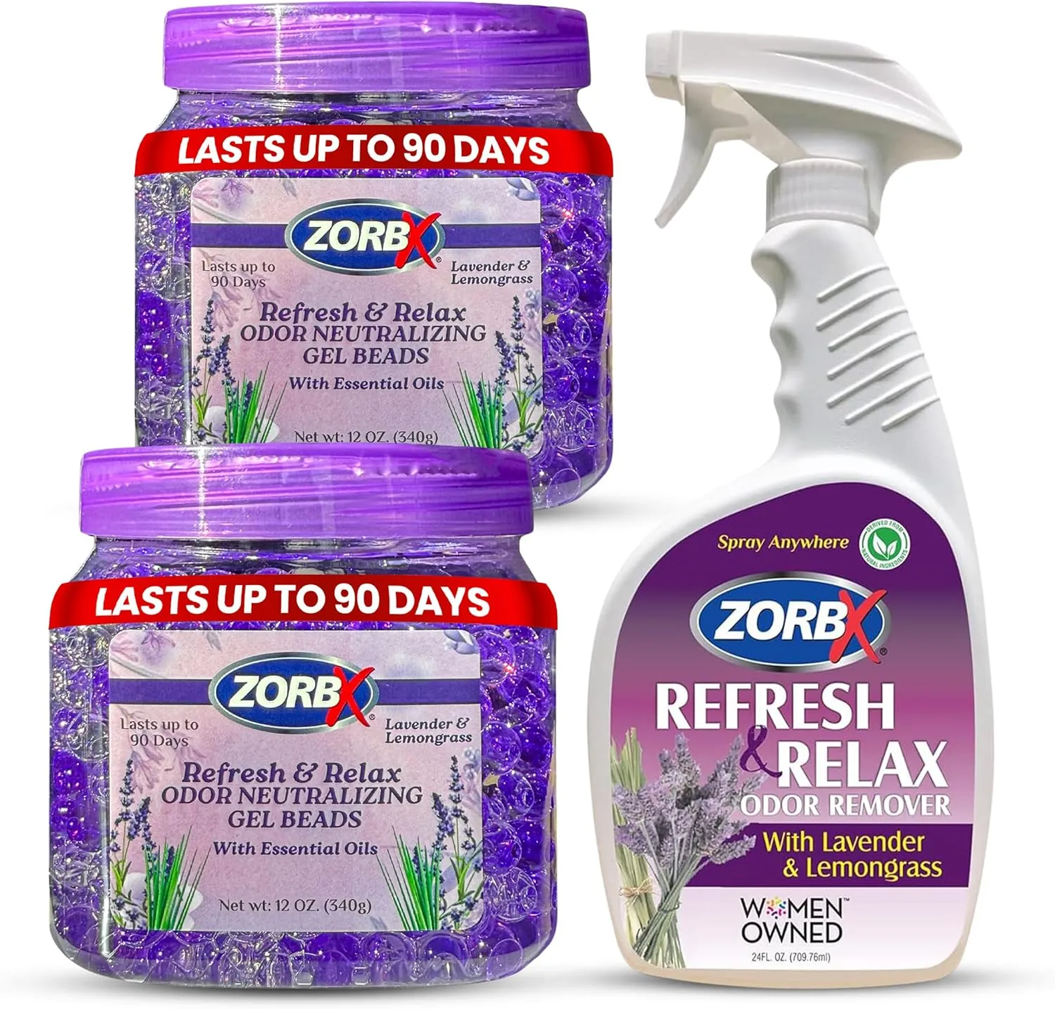 ZORBX Lavender & Lemongrass 24 OZ Odor Eliminator Spray and 8 OZ (2-Pack) Odor Neutralizing Gel Beads Bundle
